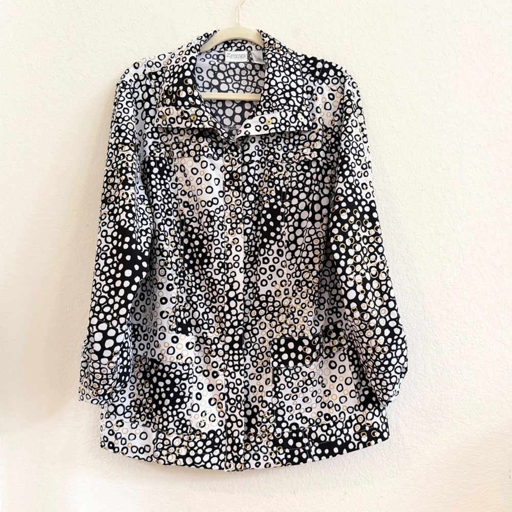 Zenergy by Chicos Women Black White Gold Polka Dot Snap Utility Jacket Size 2